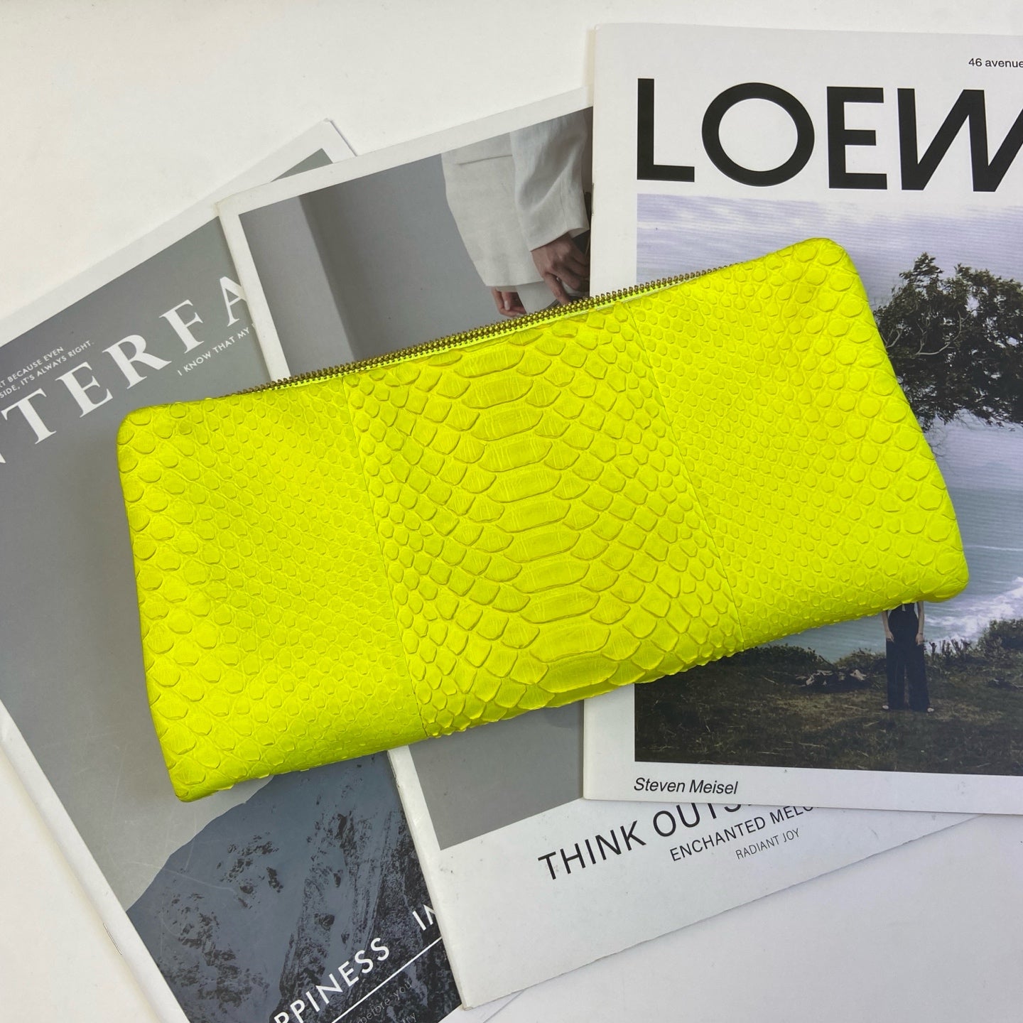 Celine Snake Skin Yellow Clutch Wallet, 99% New, Size: 24×12, Fluorescent Yellow, Snake Skin