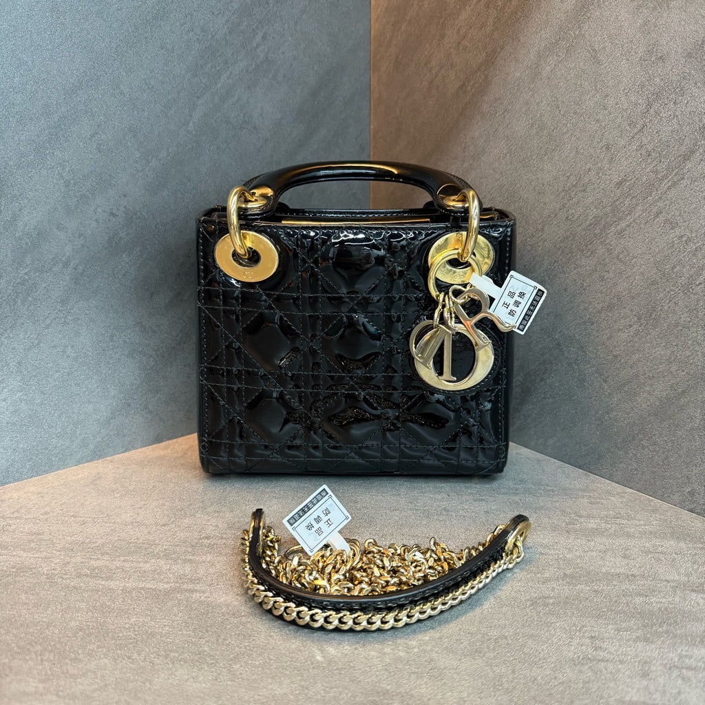Dior Lady Dior black and gold patent leather three-grid Diana bag, 2017 serial code