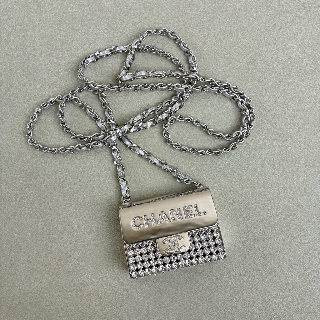 Chanel tiny bag mini silver full rhinestone necklace bag gray lambskin chain water crystal inlay size 6*