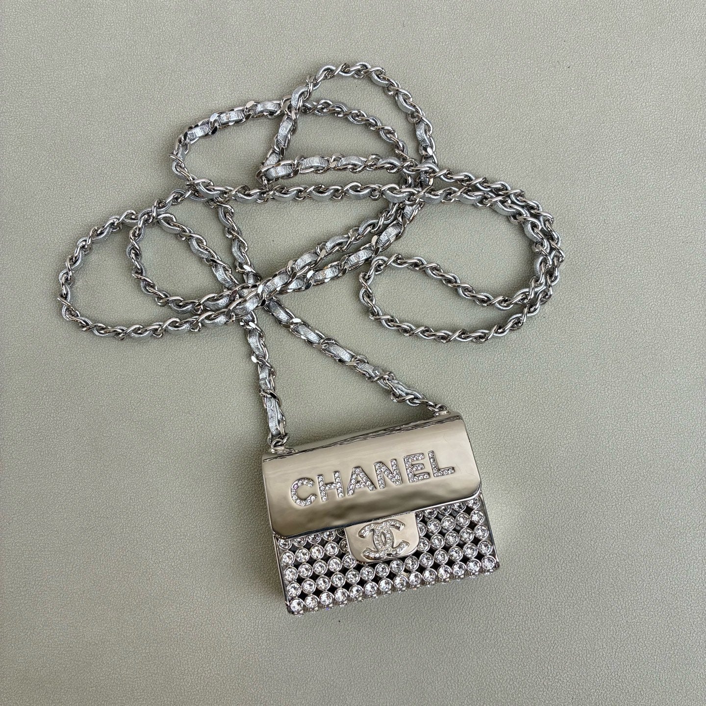 Chanel tiny bag mini silver full rhinestone necklace bag gray lambskin chain water crystal inlay size 6*