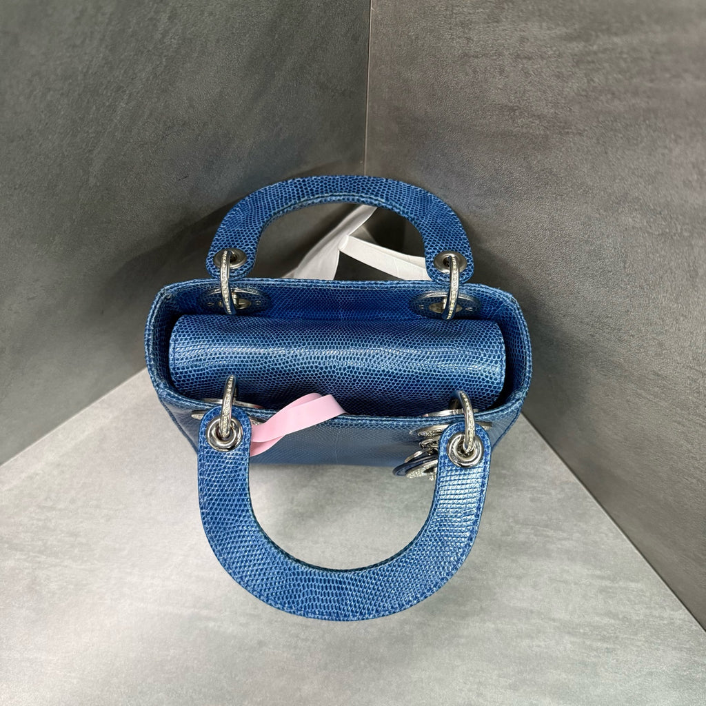 Dior Lady Dior Small (Three-Grid) Blue Diamond-Clasp Lizard Skin Handbag, with structured silhouette, clean interior, 15-series serial code, adjustable shoulder strap
