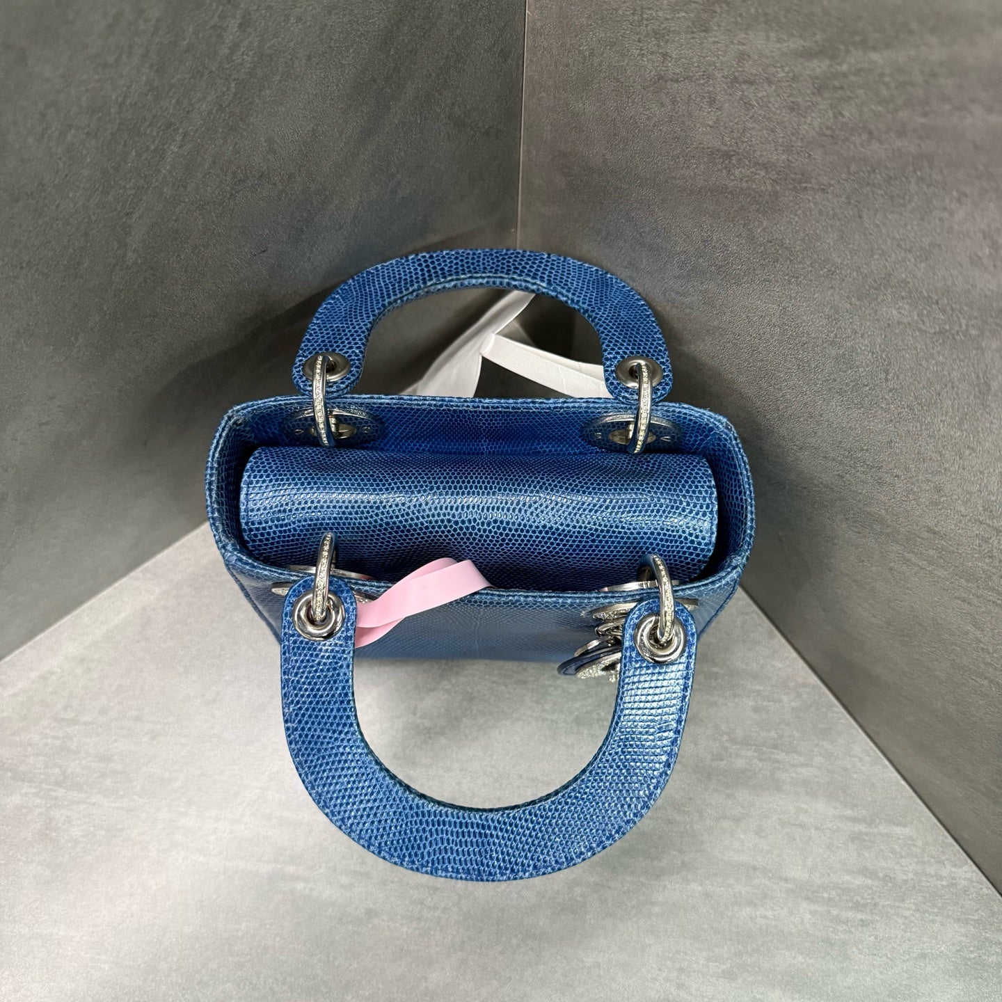 Dior Lady Dior Small (Three-Grid) Blue Diamond-Clasp Lizard Skin Handbag, with structured silhouette, clean interior, 15-series serial code, adjustable shoulder strap