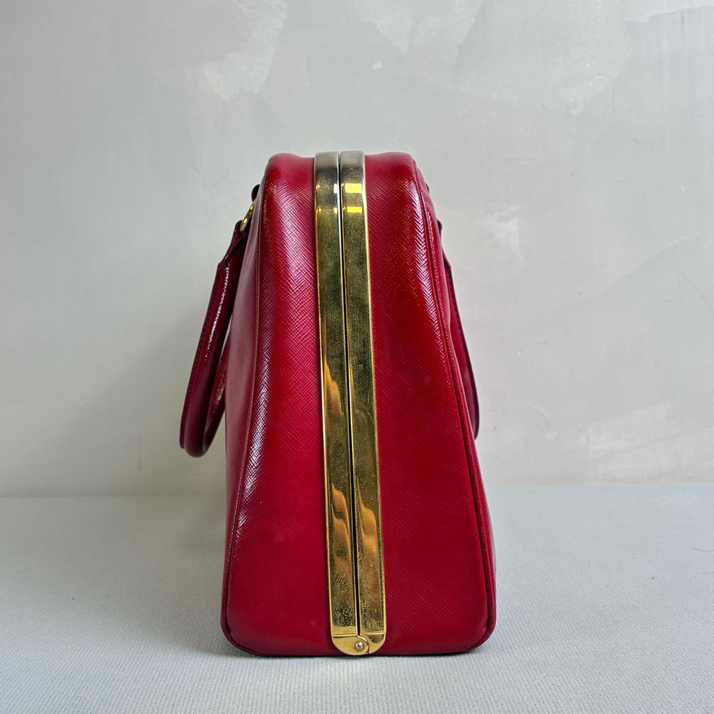 Prada 95% New Red Patent Leather Tote Bag Classic Triangle Logo Crosshatch Leather Size