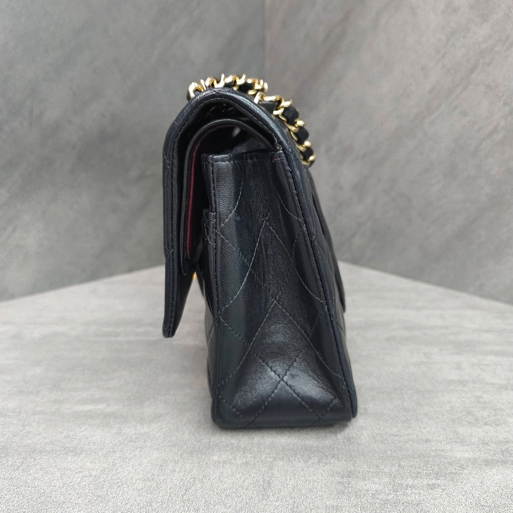 Chanel CF Medium Black Gold Lambskin Chain Bag 12 Opening No Card Structured Shape Clean Interior