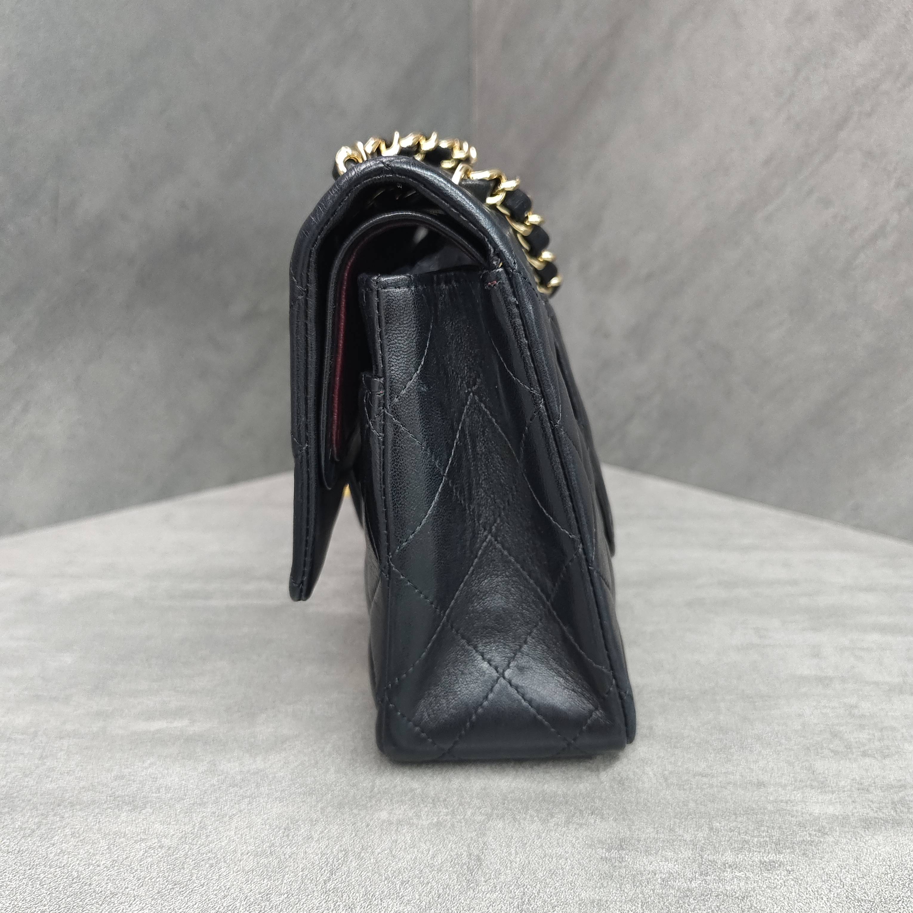Chanel CF Medium Black Gold Lambskin Chain Bag 12 Opening No Card Structured Shape Clean Interior