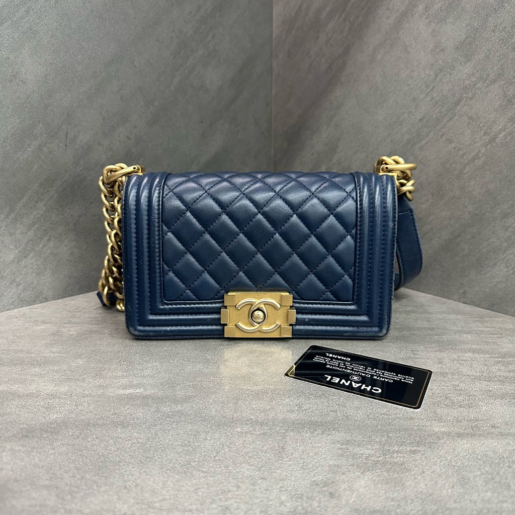 Chanel Le Boy Small Blue Golden Calfskin Chain Bag 24K with Card, Structured Shape, Clean Interior