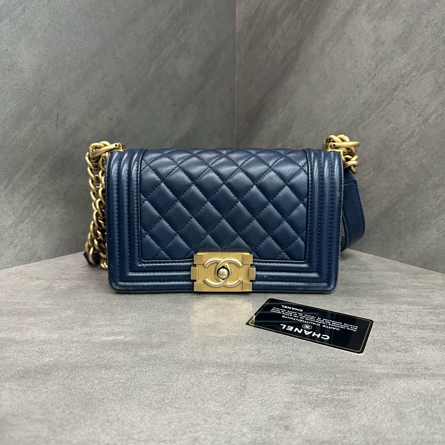 Chanel Le Boy Small Blue Golden Calfskin Chain Bag 24K with Card, Structured Shape, Clean Interior