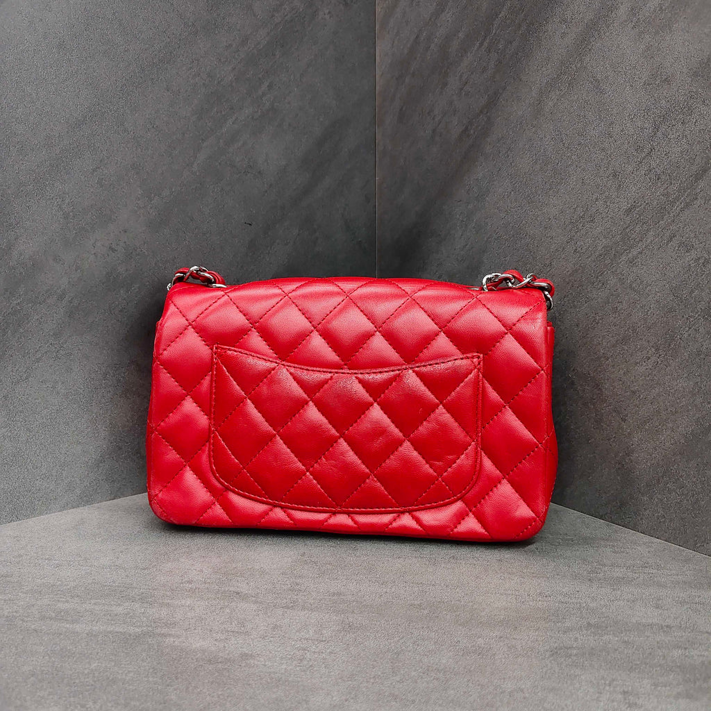 Chanel CF Squared Bag Red Silver Lambskin Chain Bag 18K with Cards Structured Shape Clean Interior #Chanel/Chanel