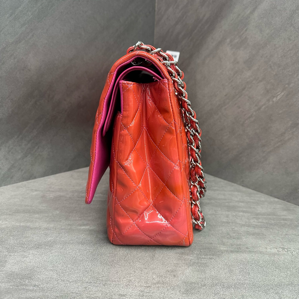 Chanel CF Maxi Pink Silver Patent Leather Chain Bag, Size 14, Structured Shape, Clean Interior.