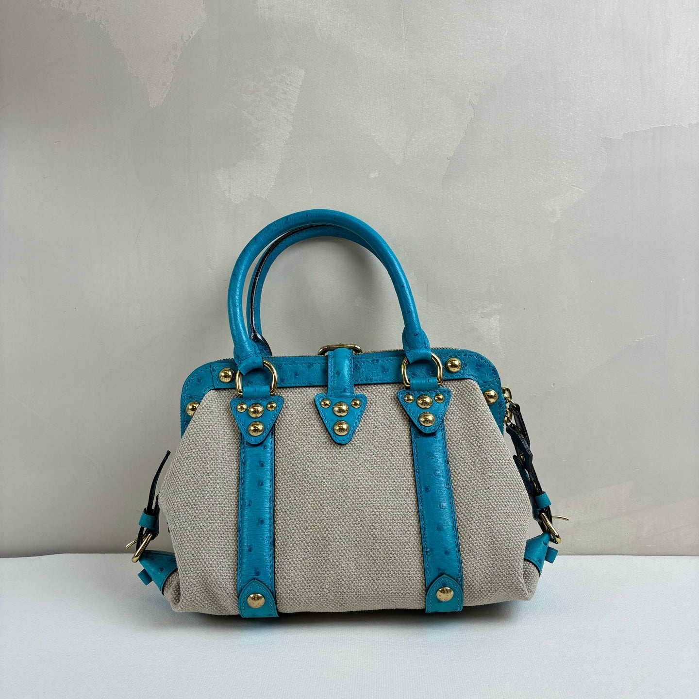 LV Blue Ostrich Leather and Canvas Lock Handbag Show Model, Blue Ostrich with Beige Canvas, 23*19.