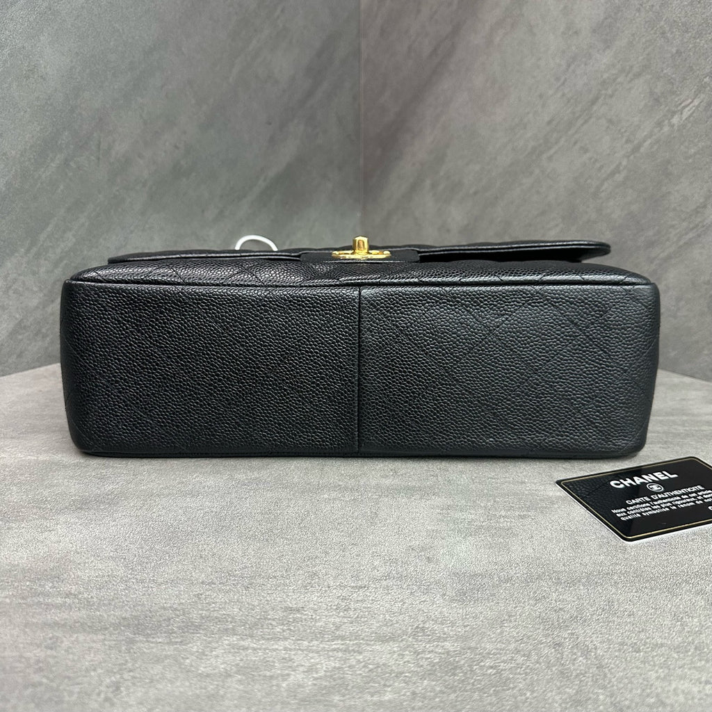 Chanel CF Jumbo Black and Gold Litchi Leather Chain Bag, 14-inch with Card, Structured Shape, Clean Interior.