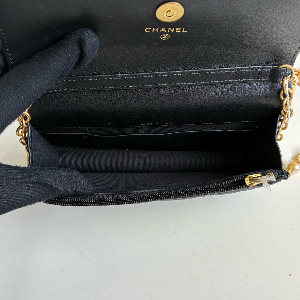Chanel 99 New Chip Version Black and Gold Enamel Gemstone, Pearl Chain WOC Size 17*10