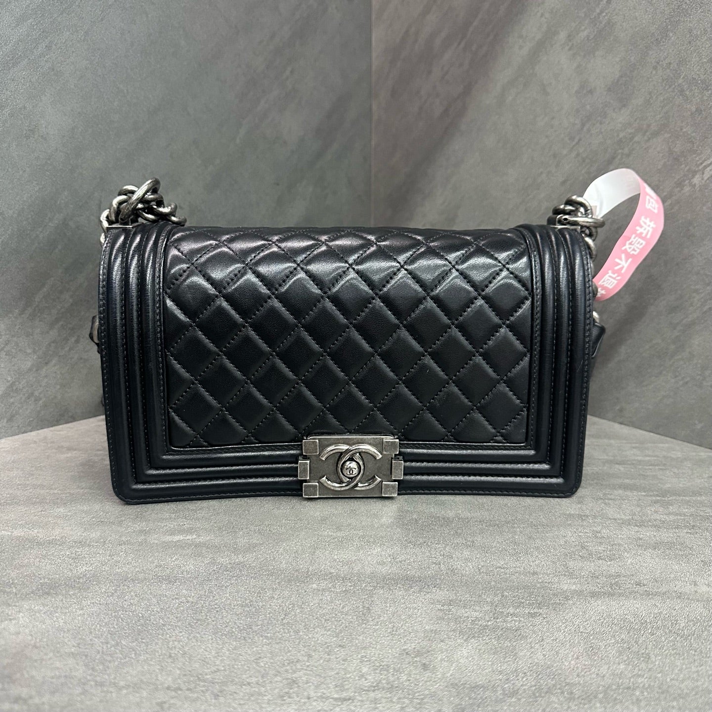 Chanel leboy medium size black silver-tone hardware lambskin chain bag, structured silhouette, 16-open