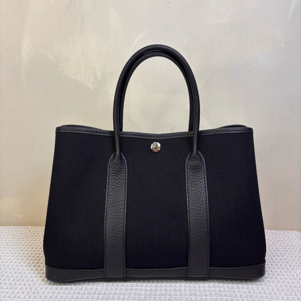 99% new Hermes Garden Party 30, black and silver Garden bag, canvas with leather, K刻.
