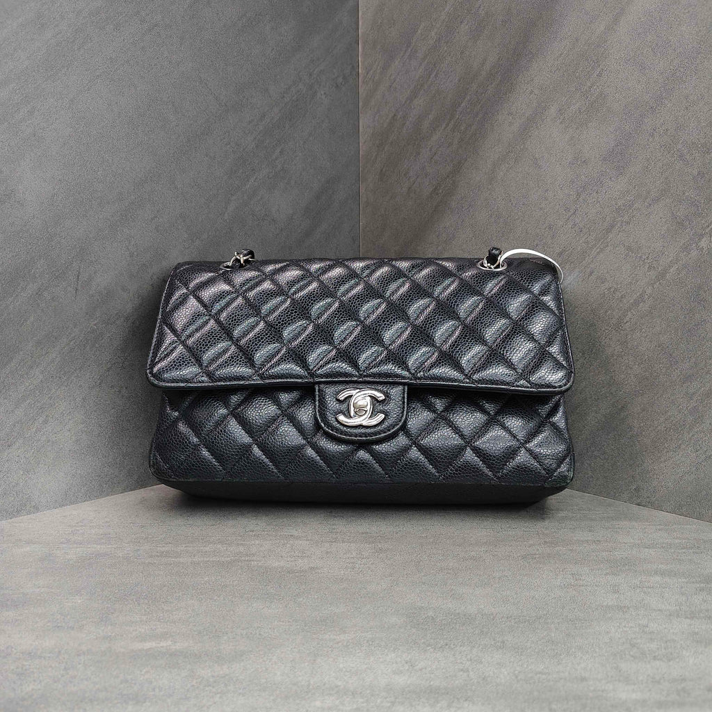 Chanel Cf Black and Silver Medium Litchi Leather 23 with No Card