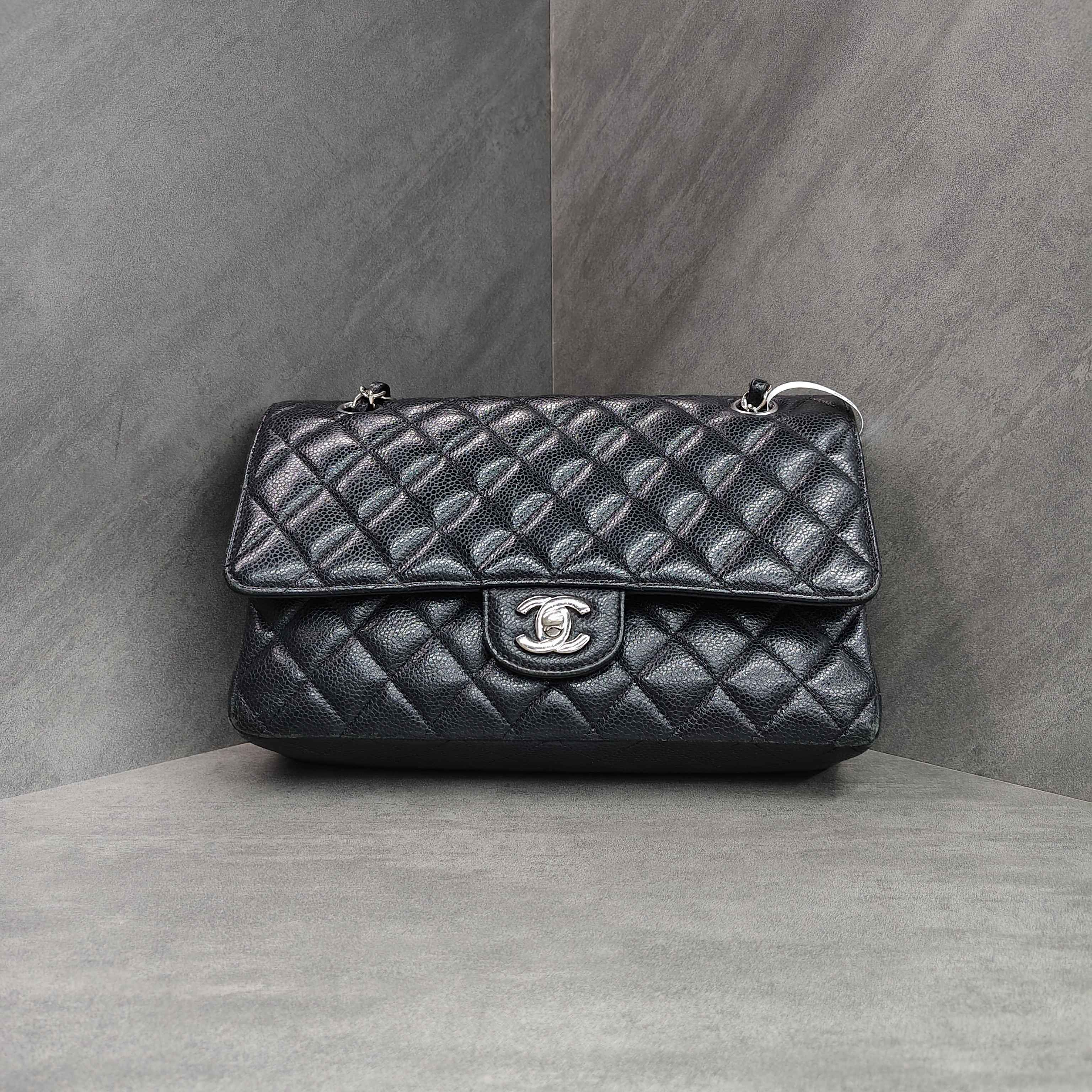 Chanel Cf Black and Silver Medium Litchi Leather 23 with No Card