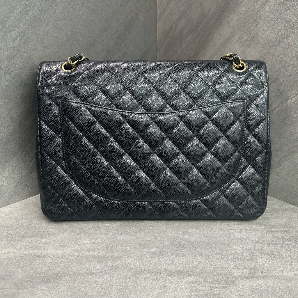 Chanel CF Maxi Black Gold Goatskin Chain Bag 15 Opening, Structured Shape, Clean Interior