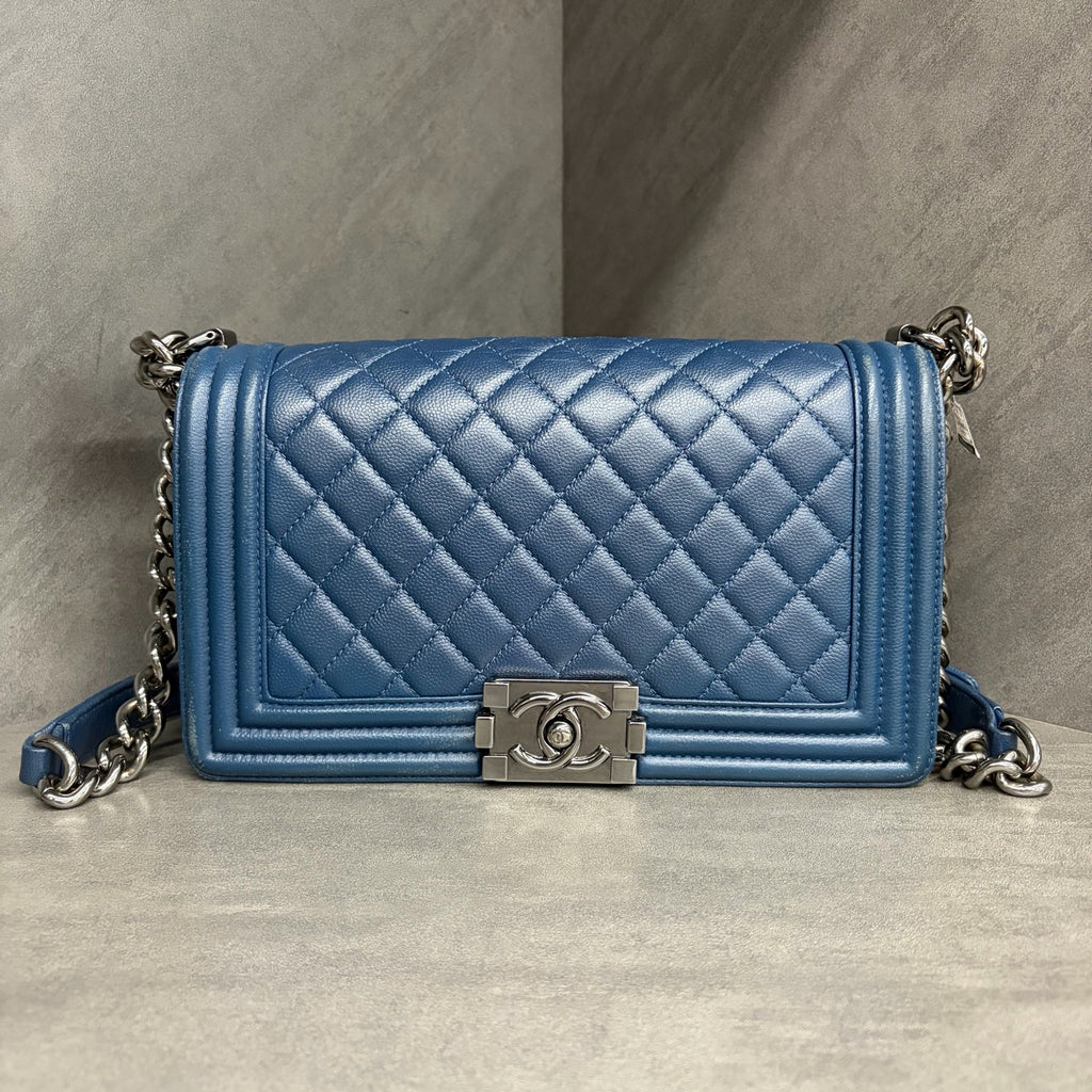 Chanel Leboy Medium Blue Lizard Embossed Calfskin, 2024 production code, no authenticity card, clean interior, structured shape