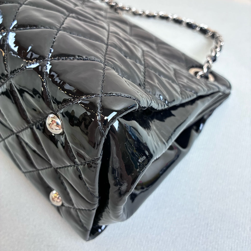 98 New Chanel Double C Large Logo Tote Handbag Shoulder Bag Black Patent Leather 16 Card Size 30*21