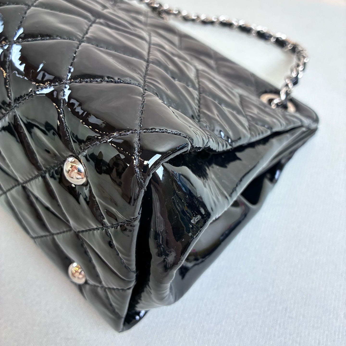 98 New Chanel Double C Large Logo Tote Handbag Shoulder Bag Black Patent Leather 16 Card Size 30*21