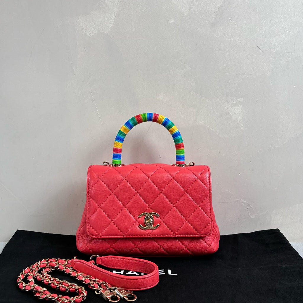 Chanel Coco Handle Rainbow Handle Mini Size 31 Opening in Fuchsia Color, Dimensions 19*13.