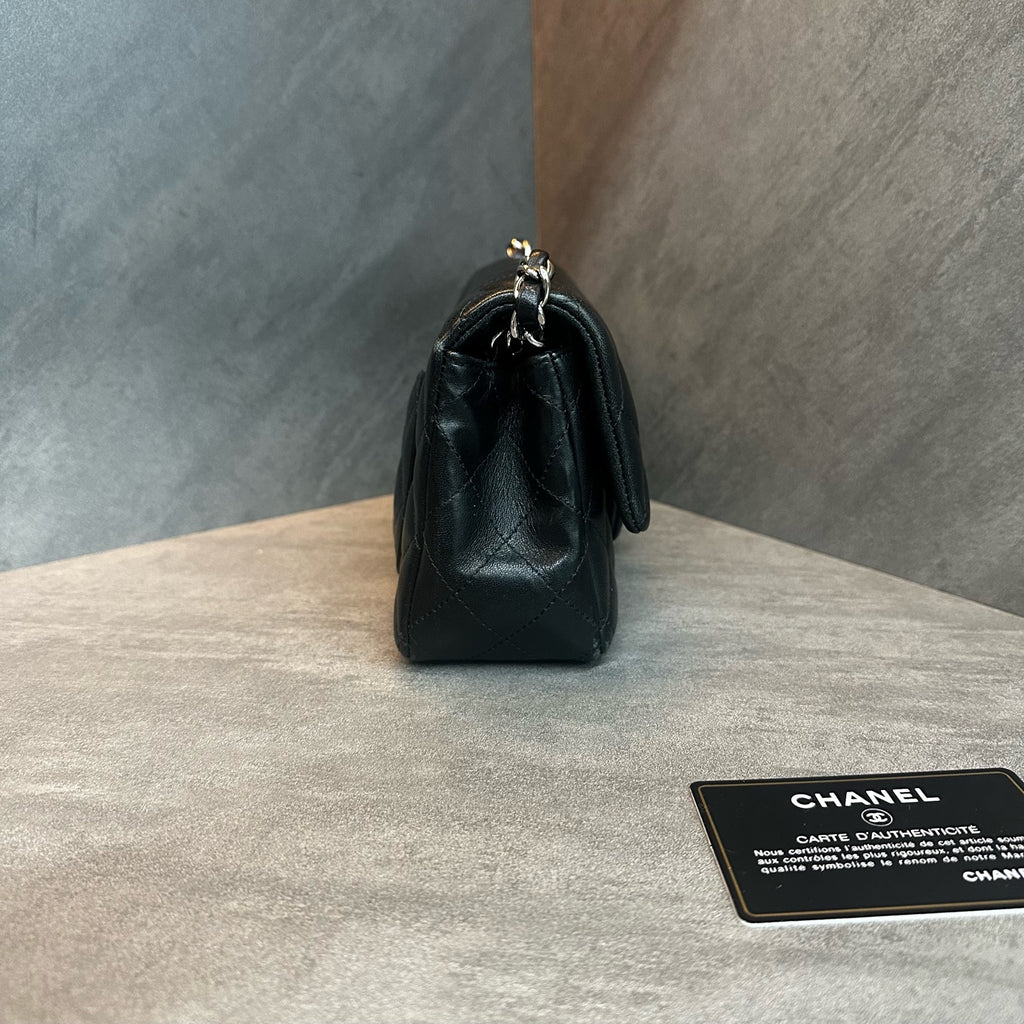 Chanel Large Mini Black Silver Lambskin Chain Bag, 27-series with authenticity card, structured shape, clean interior
