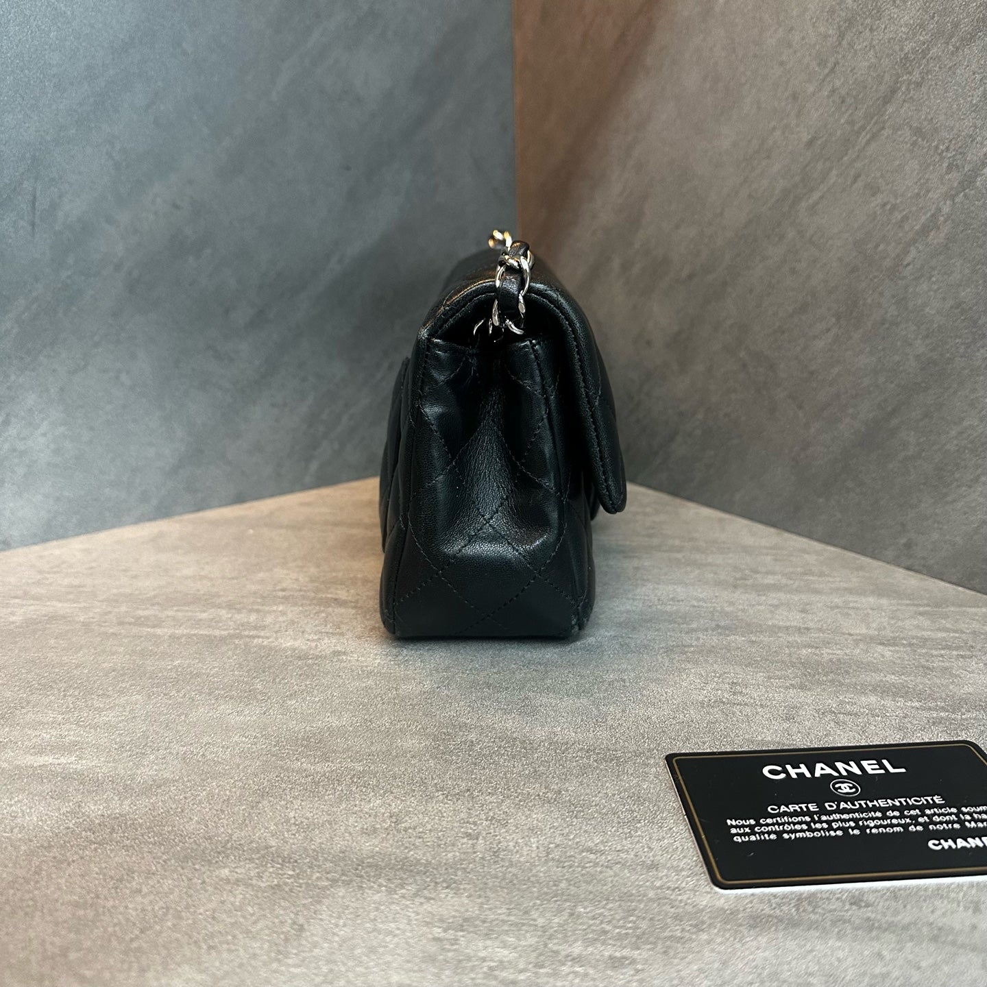 Chanel Large Mini Black Silver Lambskin Chain Bag, 27-series with authenticity card, structured shape, clean interior