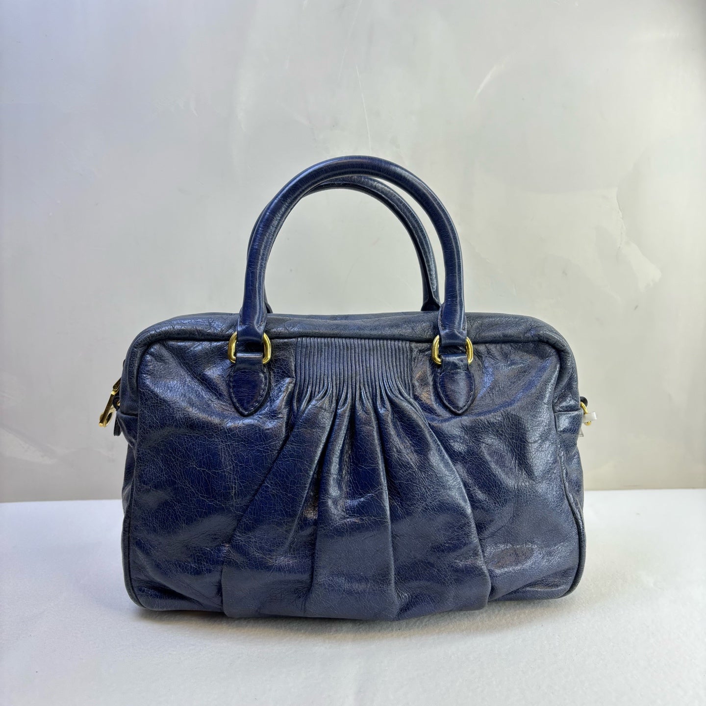 Miu Miu Blue Ruched Oil Wax Leather Tote Crossbody Bag Size 27*20 Excellent Condition 98% New