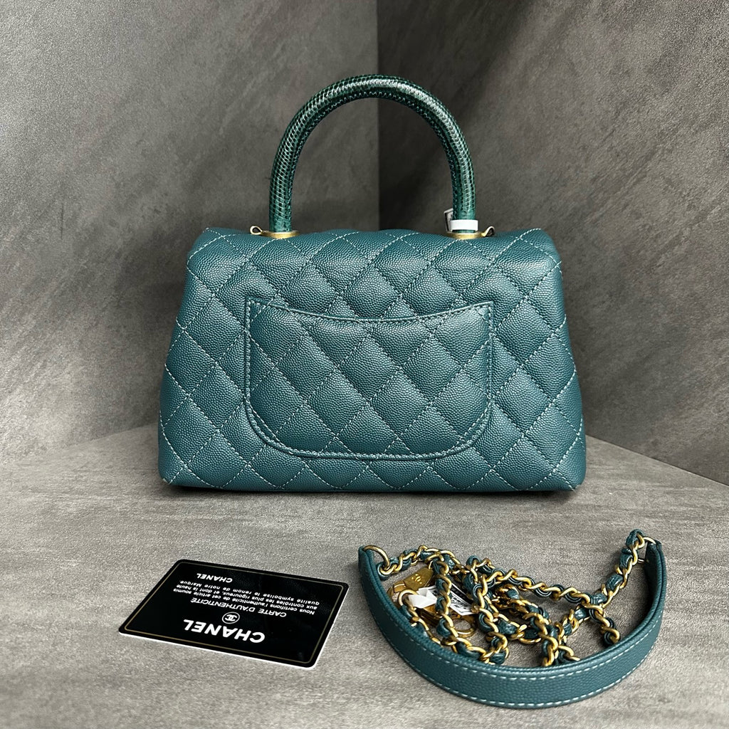 Chanel Coco Handle Small, Peacock Blue with Gold-tone Hardware, Grained Leather, 25-series with Authenticity Card