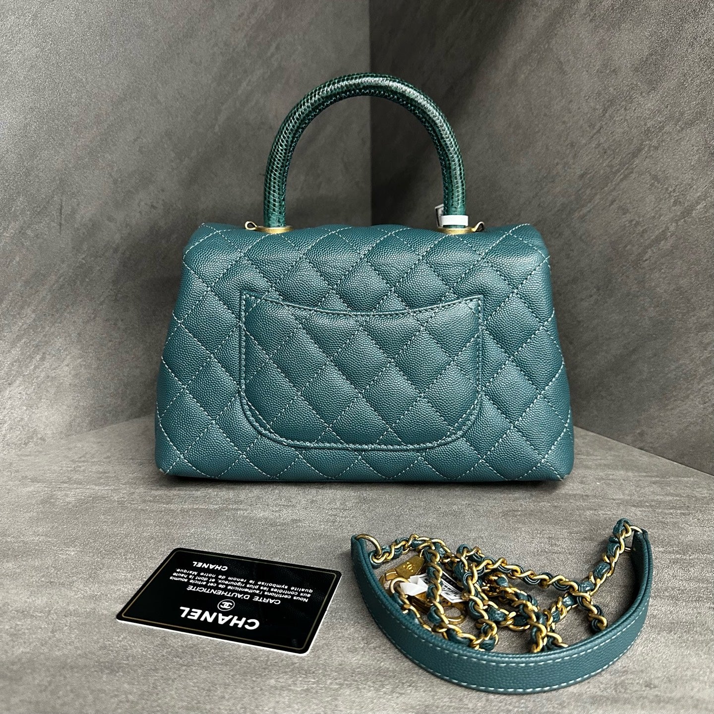 Chanel Coco Handle Small, Peacock Blue with Gold-tone Hardware, Grained Leather, 25-series with Authenticity Card