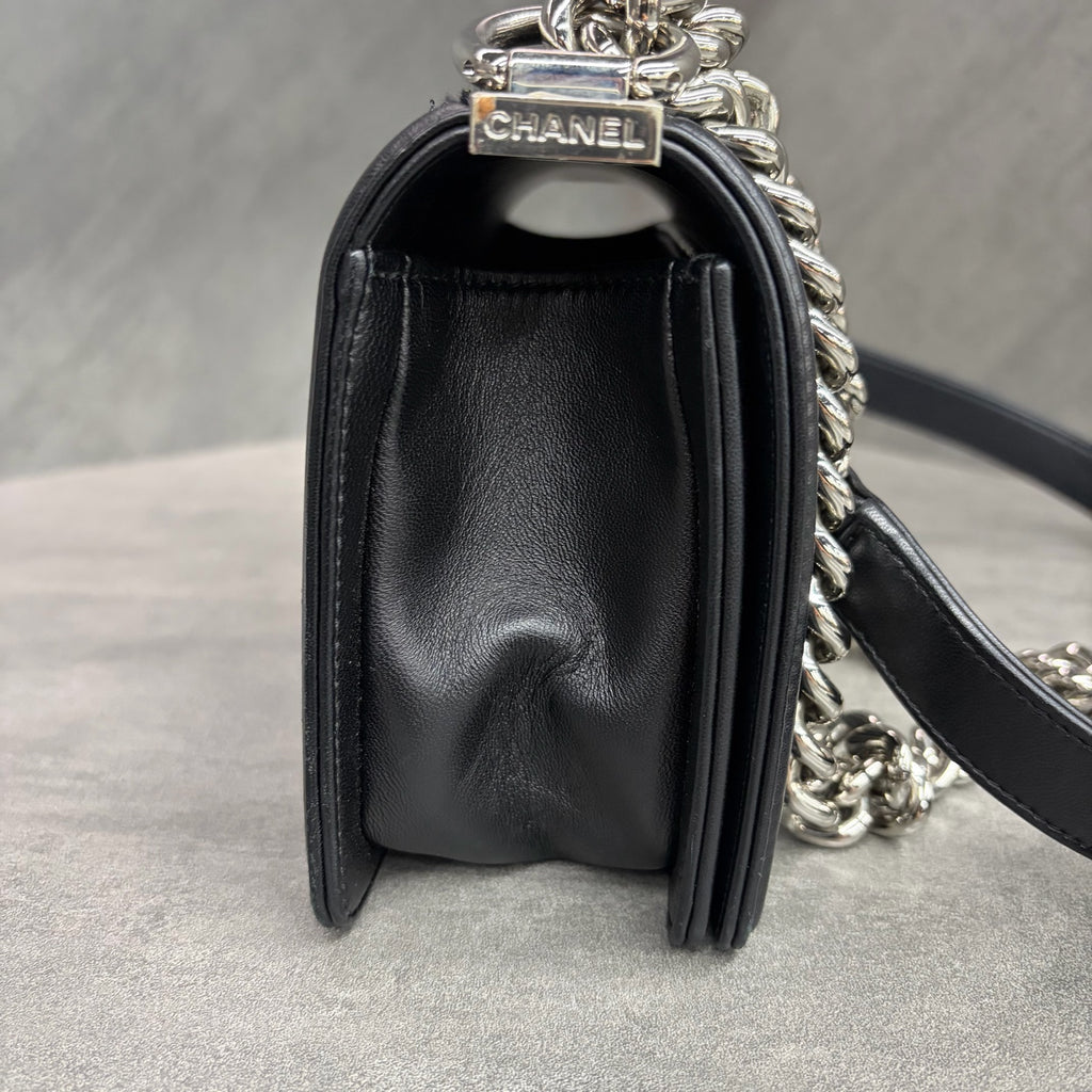 Chanel Small Leboy Black Silver-tone Hardware Lambskin with Tweed Chain Shoulder and Crossbody Bag, Hologram Code Starting with 24, with Authenticity Card and Receipt