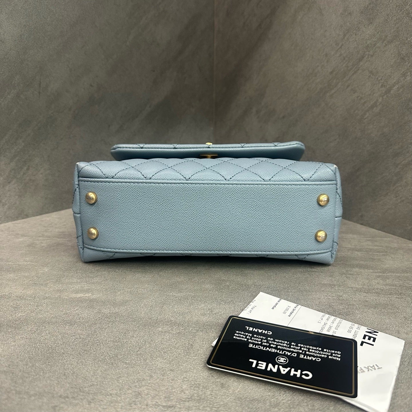 Chanel Coco Handle Small Bag in Sky Blue, Model 27, Includes Card and Receipt, Made of Grained Calfskin.