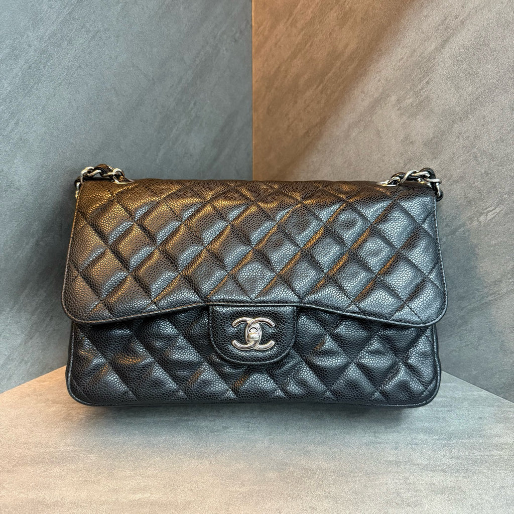 Chanel Jumbo Large Black and Silver Craquelé Lambskin Bag, Structured Shape, Clean Interior, 15 Openings, Original Condition.