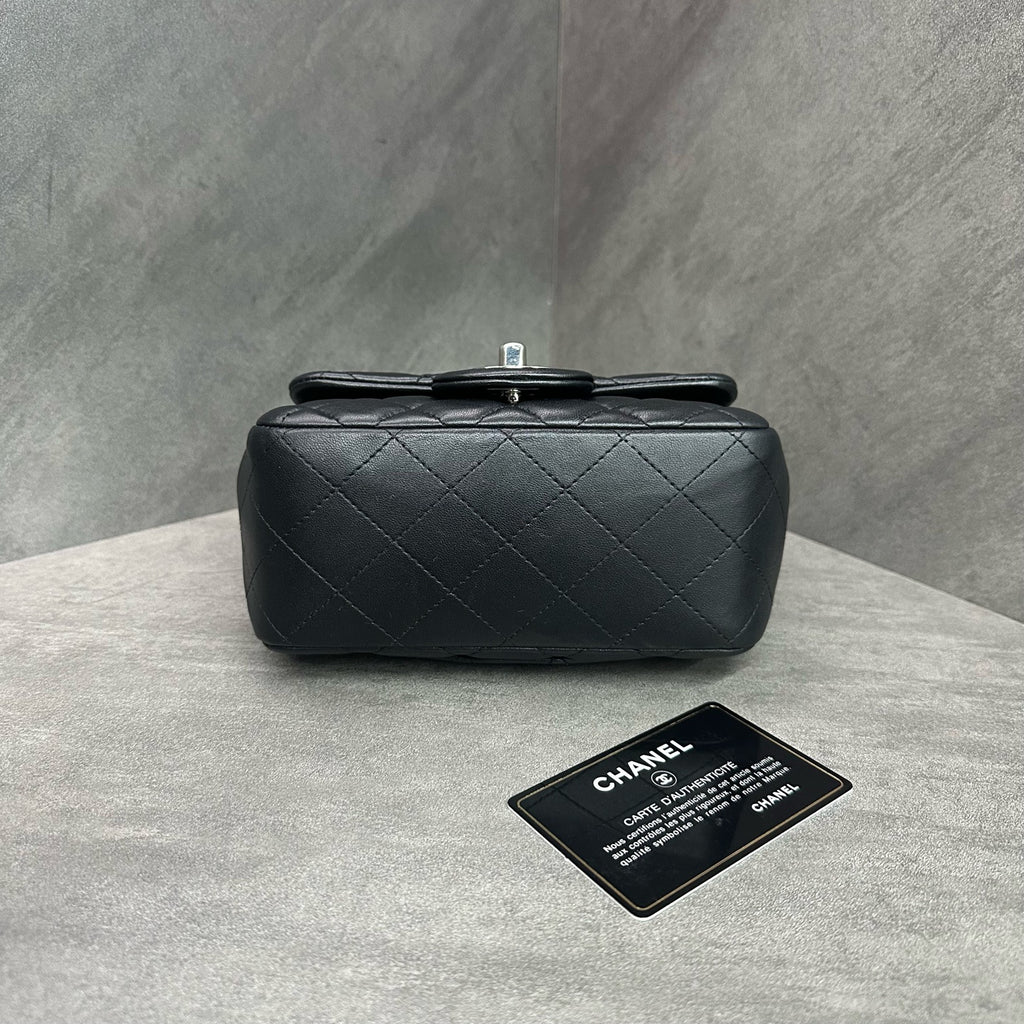 Chanel CF Square Flap Bag Black and Silver Lambskin Chain Bag 28 with Card. The bag has a structured shape and a clean interior.