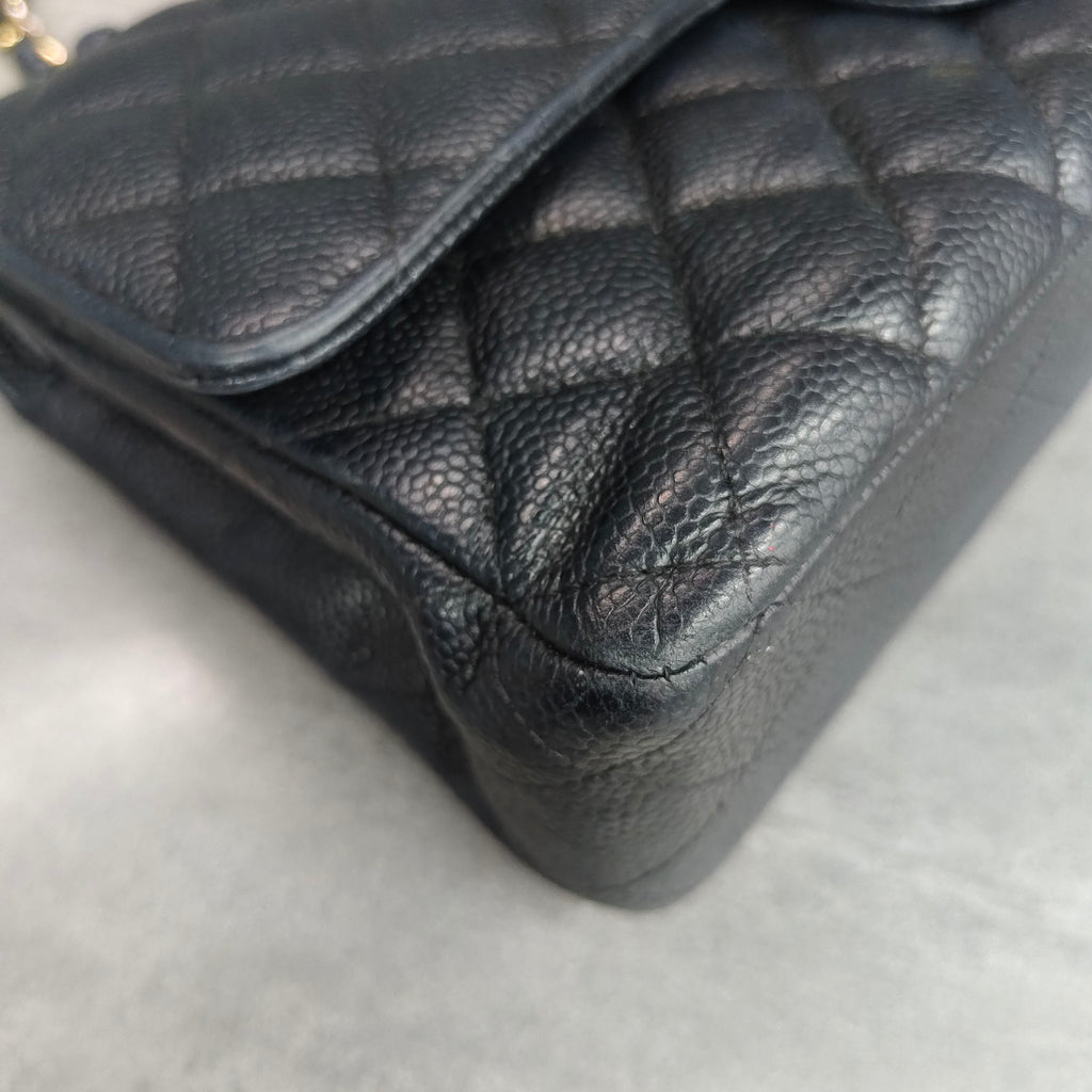 Chanel CF Medium Black and Gold Litchi Leather Chain Bag 23 Opening No Card, Structured Shape