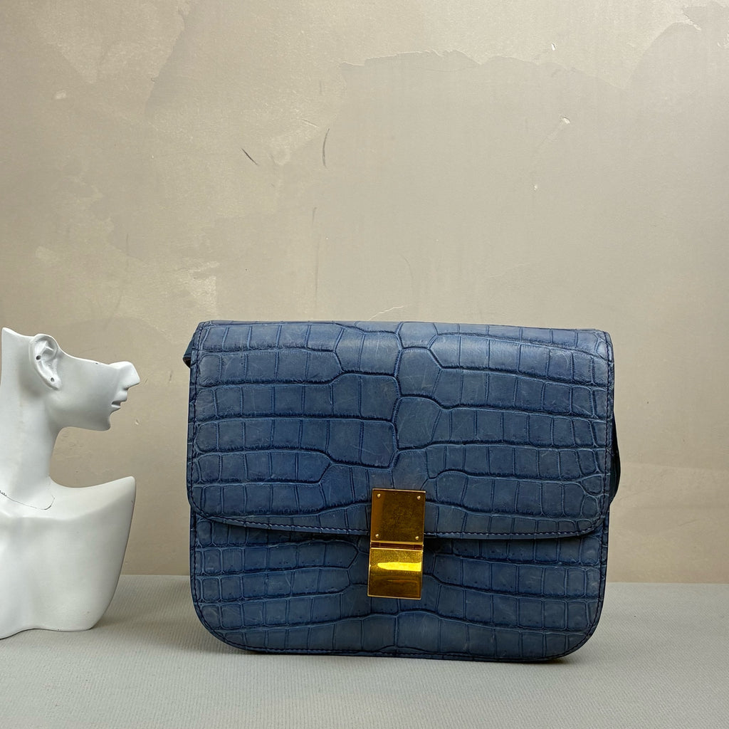 99% New CELINE Box Medium Fog Blue with Gold Hardware Matte Crocodile Leather Shoulder Crossbody Bag 2012 Size 24*18 12