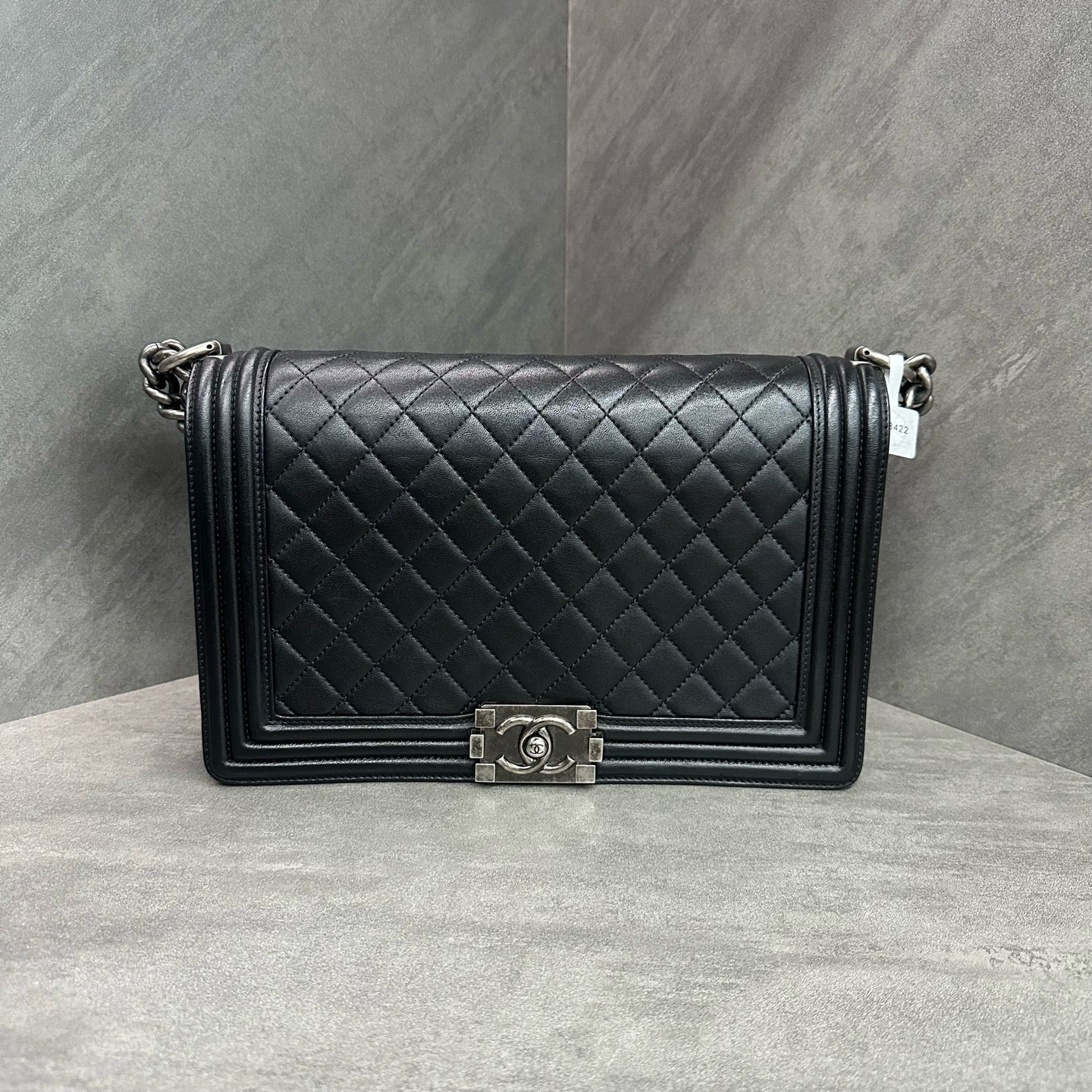 Chanel Le Boy Medium Large Black Silver Lambskin Chain Bag 20 Series, structured shape, clean interior.