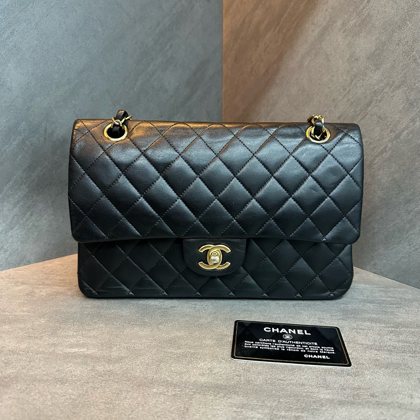 Chanel Classic Flap Medium, Black Lambskin with Gold Hardware, Structured Shape, Clean Interior, 15 Series with Authenticity Card