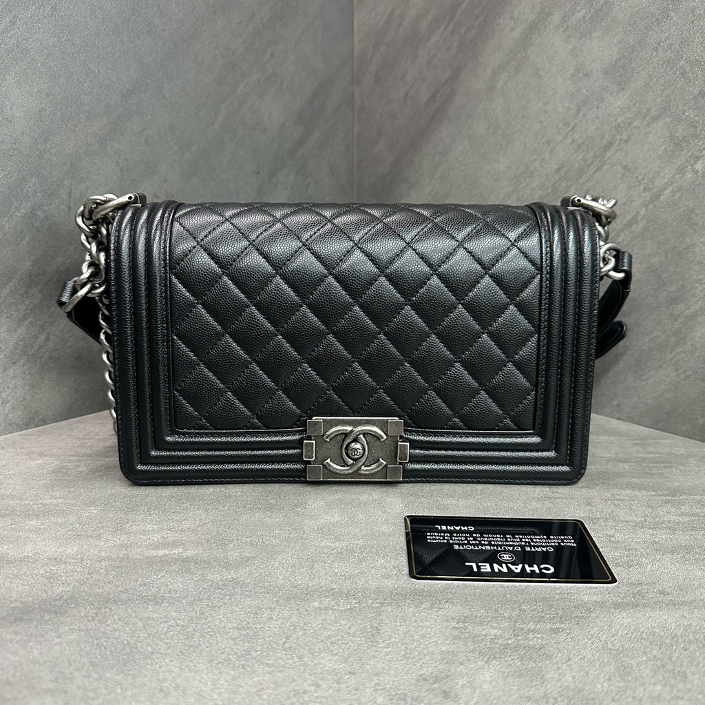 Chanel Le Boy Medium Black Silver Caviar Leather Chain Bag 26 with Card, structured interior, clean lining.