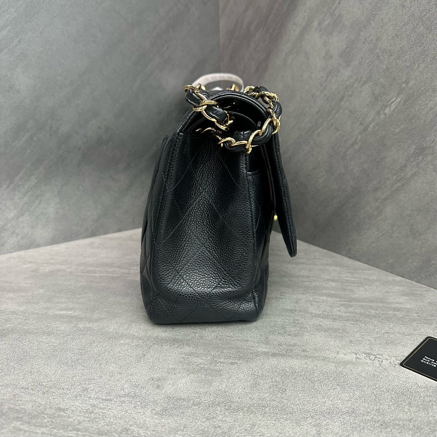 Chanel CF Jumbo black gold-tone clasp caviar leather chain bag, 24-series with authenticity card, structured silhouette, clean interior