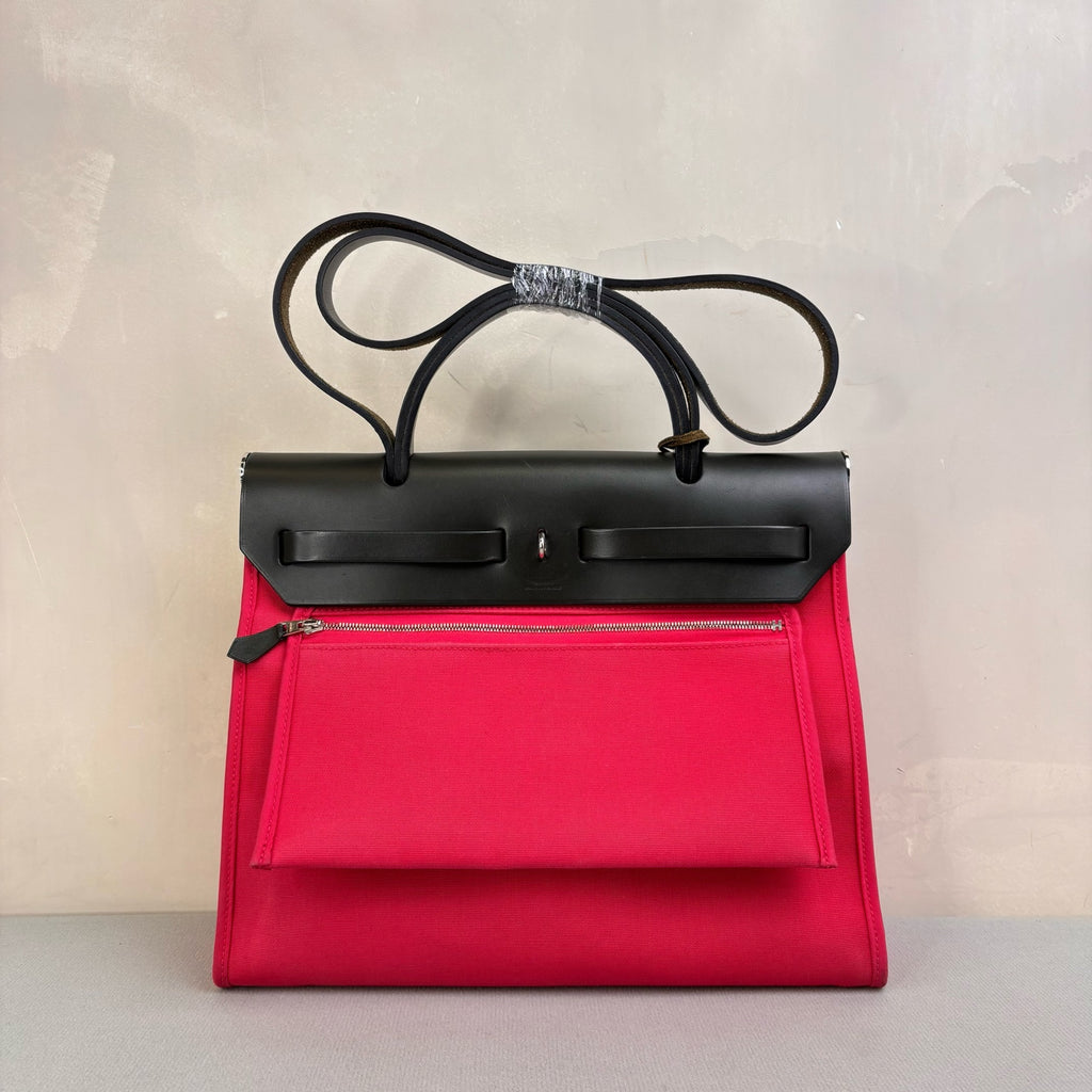 99% new Hermès C-engraved Herbag 31 canvas and leather combination, Azalea Red, crossbody bag 31*25.