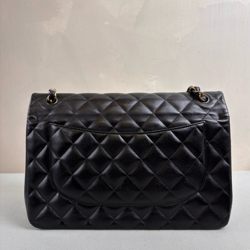 CHANEL Black and Silver Double Flap CF Jumbo Shoulder Crossbody Bag Lambskin Large Black and Gold Size: 30*20 1