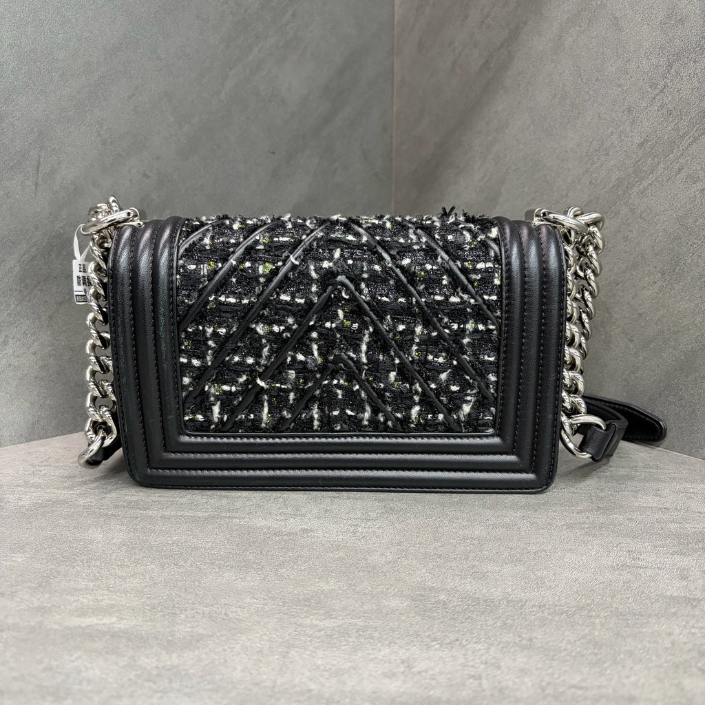 Chanel Small Leboy Black Silver-tone Hardware Lambskin with Tweed Chain Shoulder and Crossbody Bag, Hologram Code Starting with 24, with Authenticity Card and Receipt