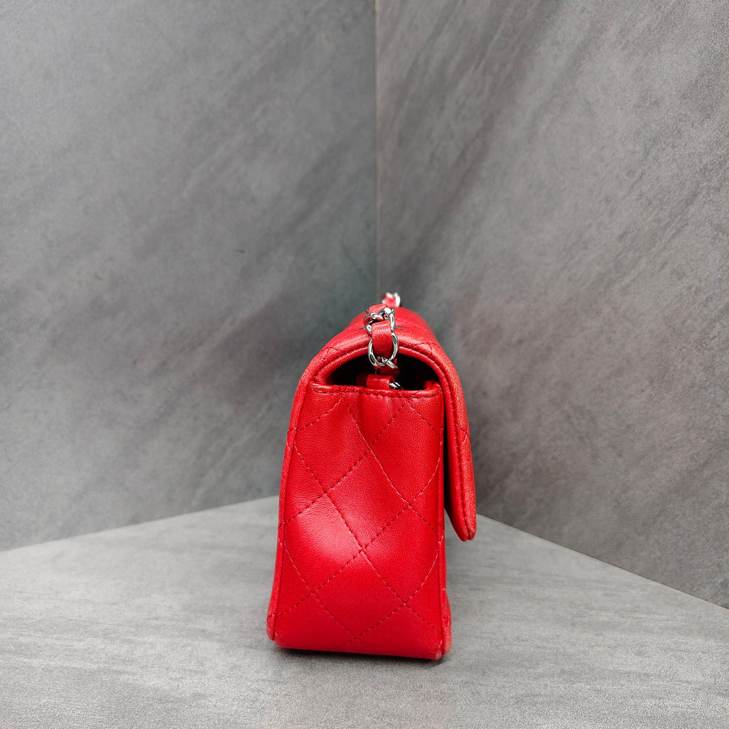 Chanel CF Squared Bag Red Silver Lambskin Chain Bag 18K with Cards Structured Shape Clean Interior #Chanel/Chanel