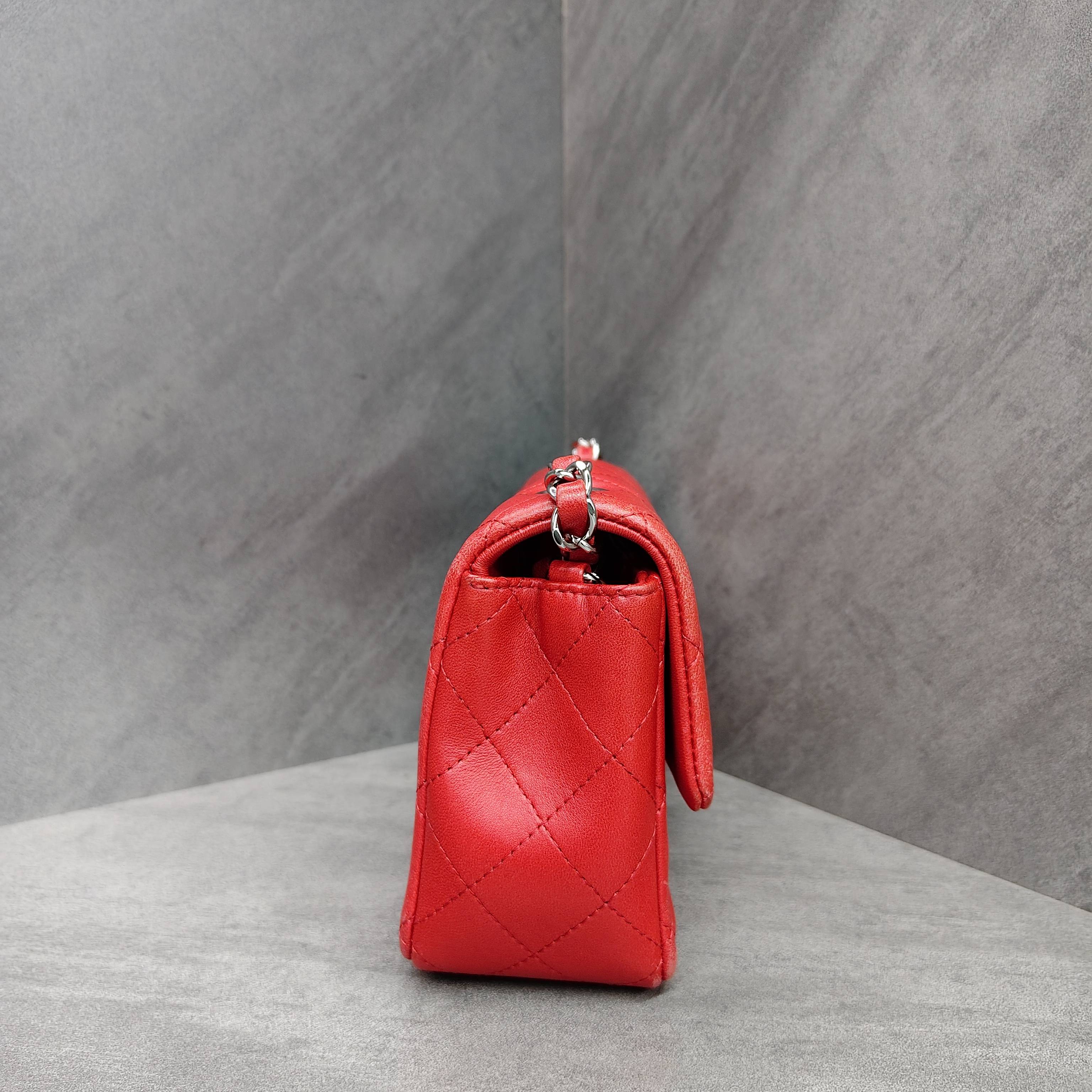 Chanel CF Squared Bag Red Silver Lambskin Chain Bag 18K with Cards Structured Shape Clean Interior #Chanel/Chanel