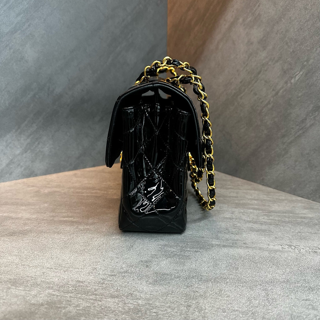 Chanel/ Chanel black gold patent leather twin Stars double-sided large laser 4K