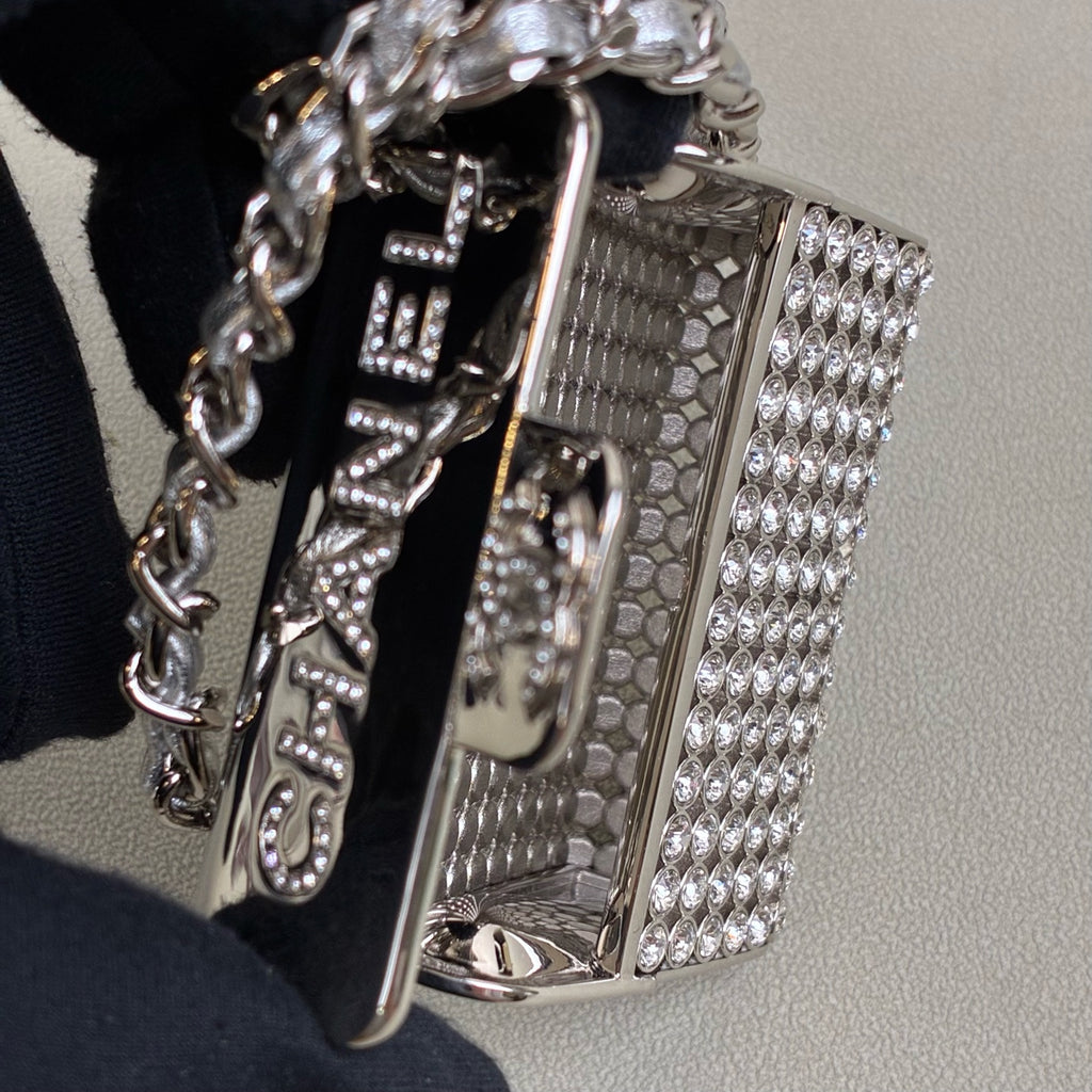Chanel tiny bag mini silver full rhinestone necklace bag gray lambskin chain water crystal inlay size 6*