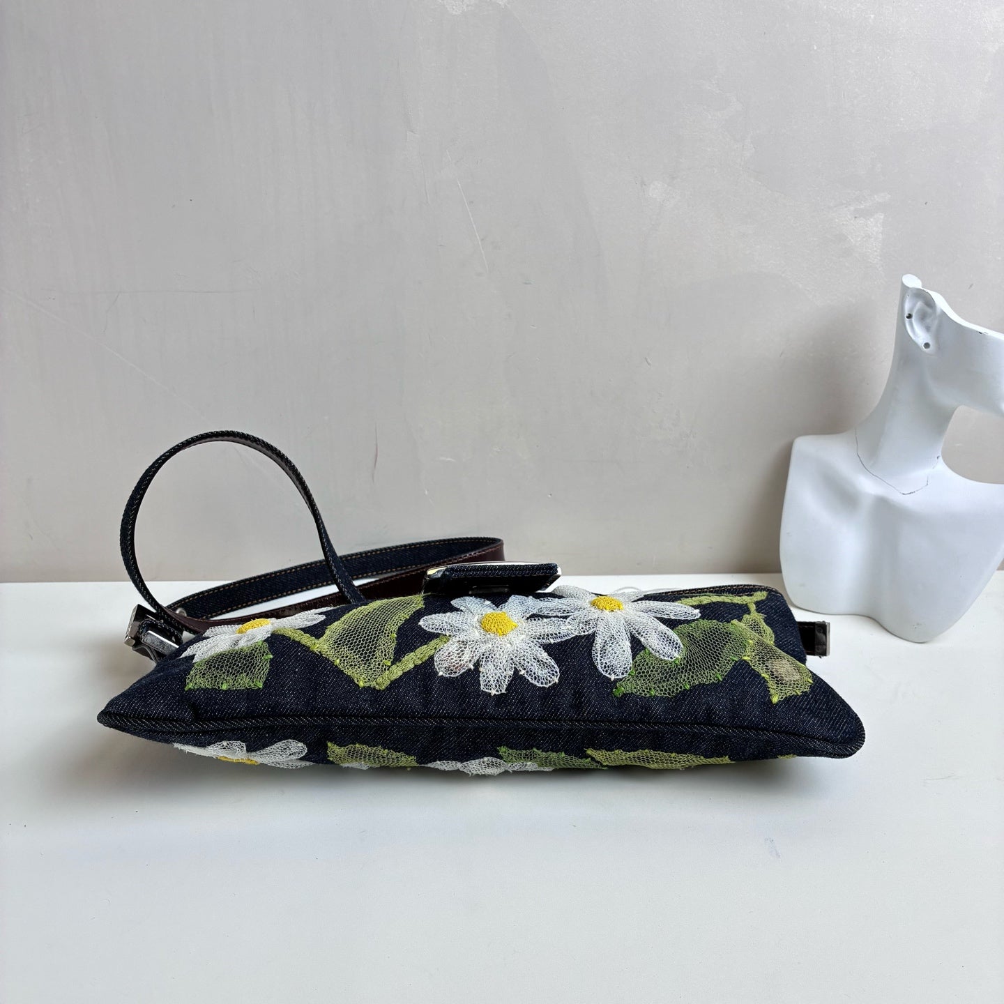 Fendi Baguette Denim Lace Flower Baguette Crossbody Bag 99% New Size: 30*12 Dark Blue