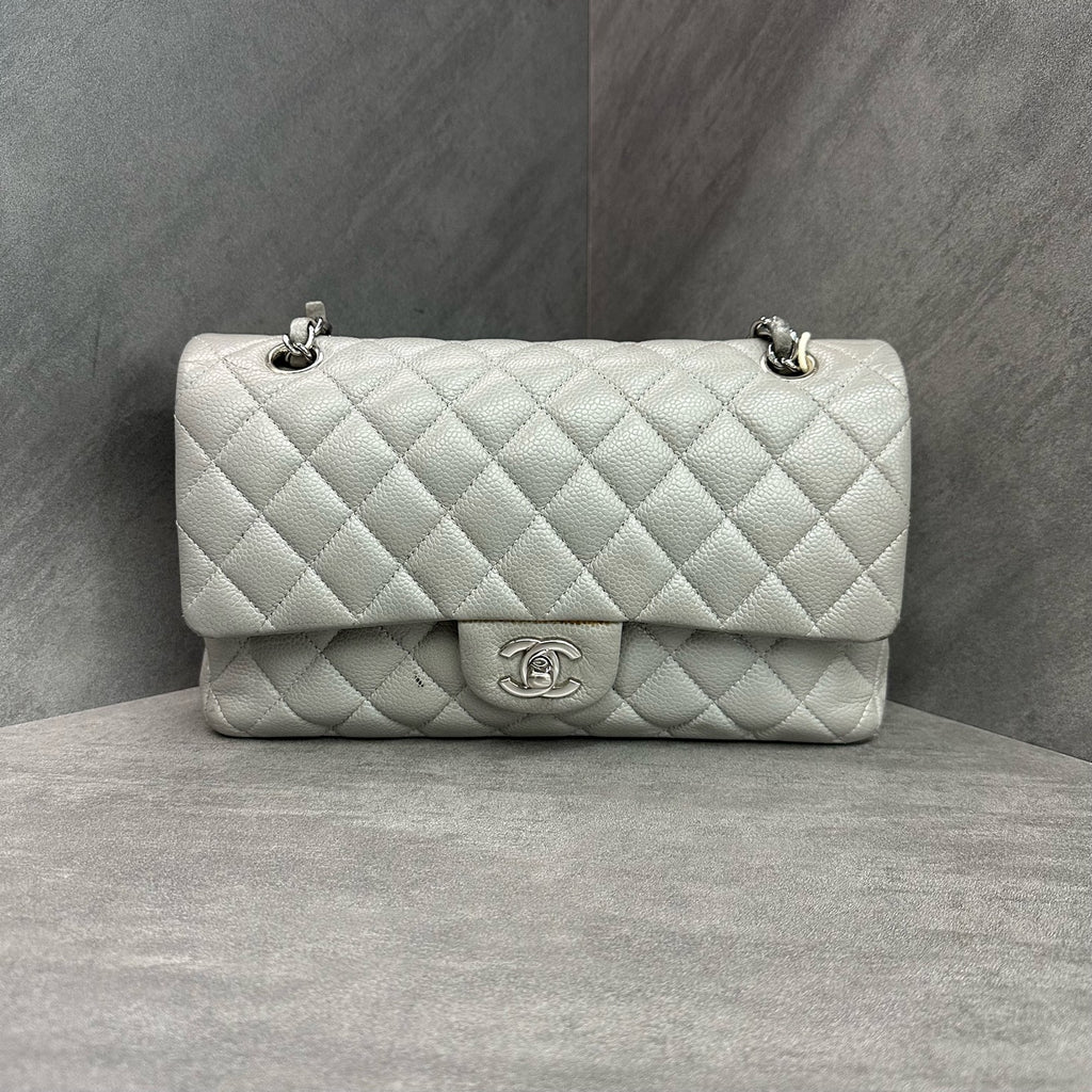 Chanel cf medium size grey silver-clasp lychee cowhide chain bag, 19 opening, card-free, three-dimensional