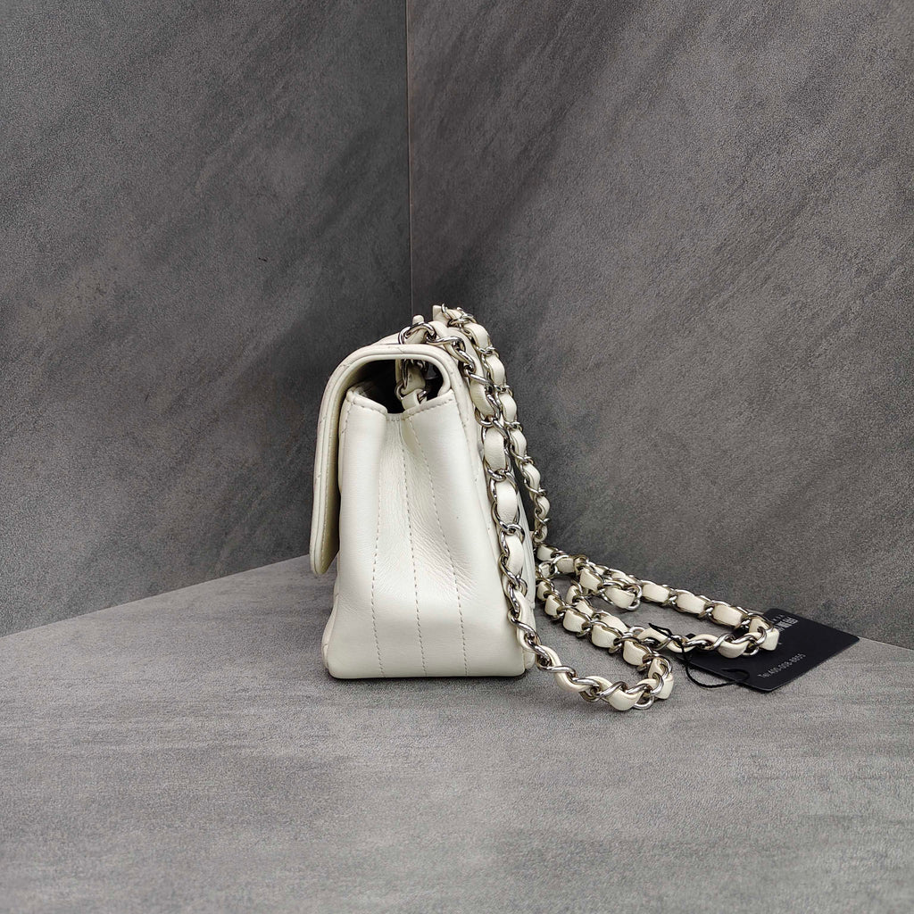 Chanel CF Square Pouch White V-Pattern Lambskin Silver Hardware Chain Bag + 30% Off + Includes Card